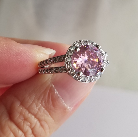Swarovski Elements 925 Sterling Silver Round Pink Solitaire Halo Ring NEW - Picture 4 of 17
